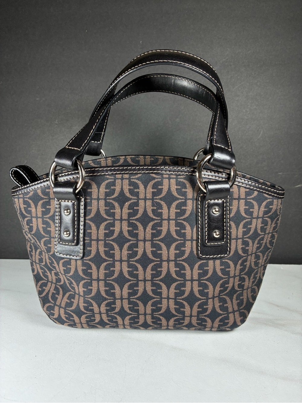 Fossil Brown and Black Signature Monogram Satchel Black Leather Dual Handles VTG
